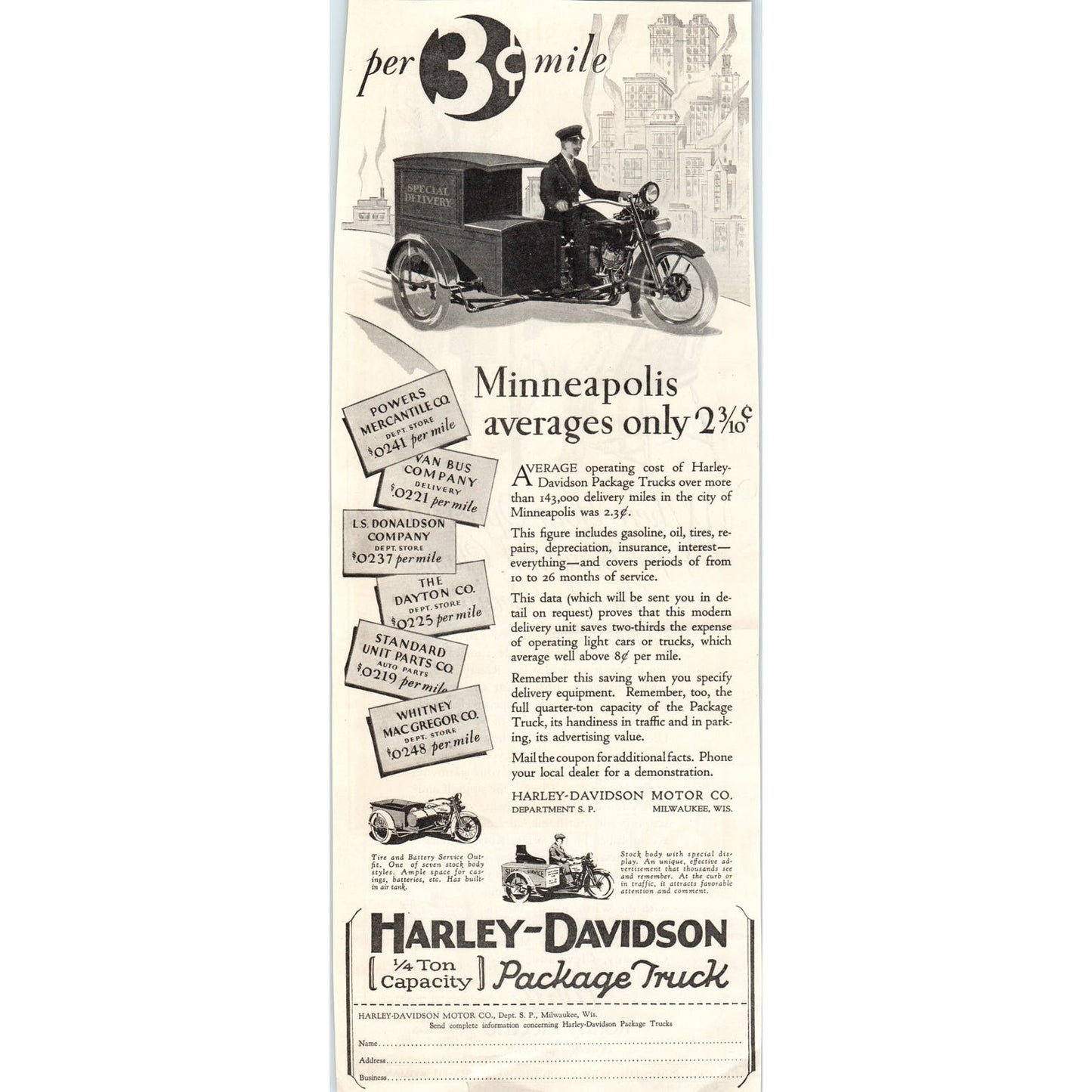 Harley-Davidson 1/4 Capacity Package Truck 1928 Original Advertisement FL6-8