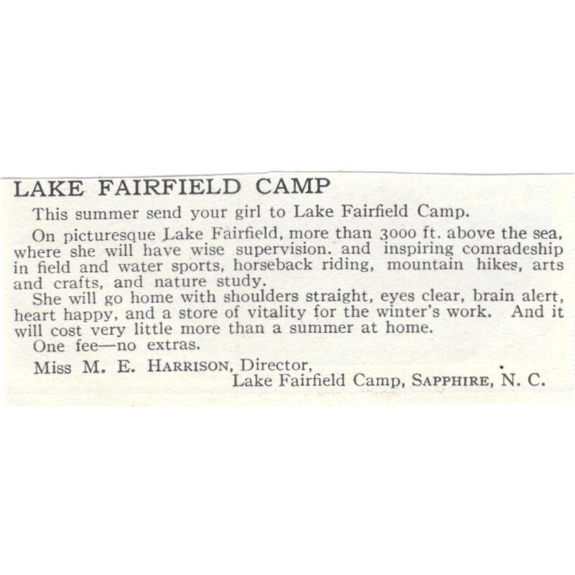 Lake Fairfield Camp M.E. Harrison Sapphire NC c1918 Advertisement AE5-SV2