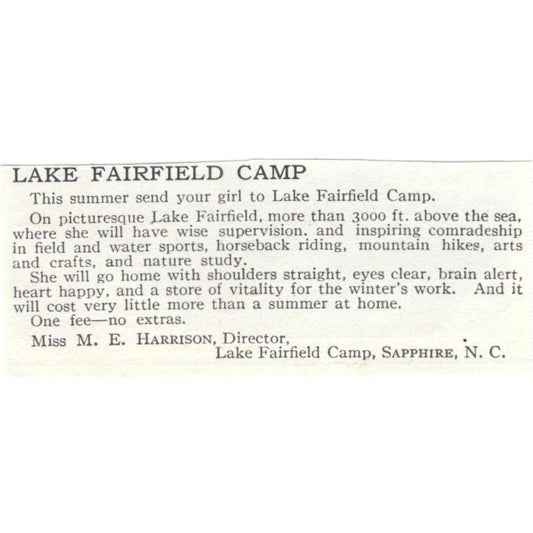 Lake Fairfield Camp M.E. Harrison Sapphire NC c1918 Advertisement AE5-SV2