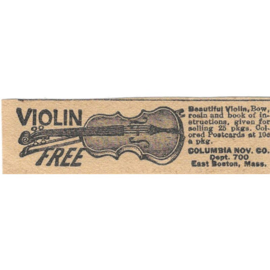Columbia Novelty Co Boston MA Free Violin Offer 1923 Magazine Ad Clip AE1-6