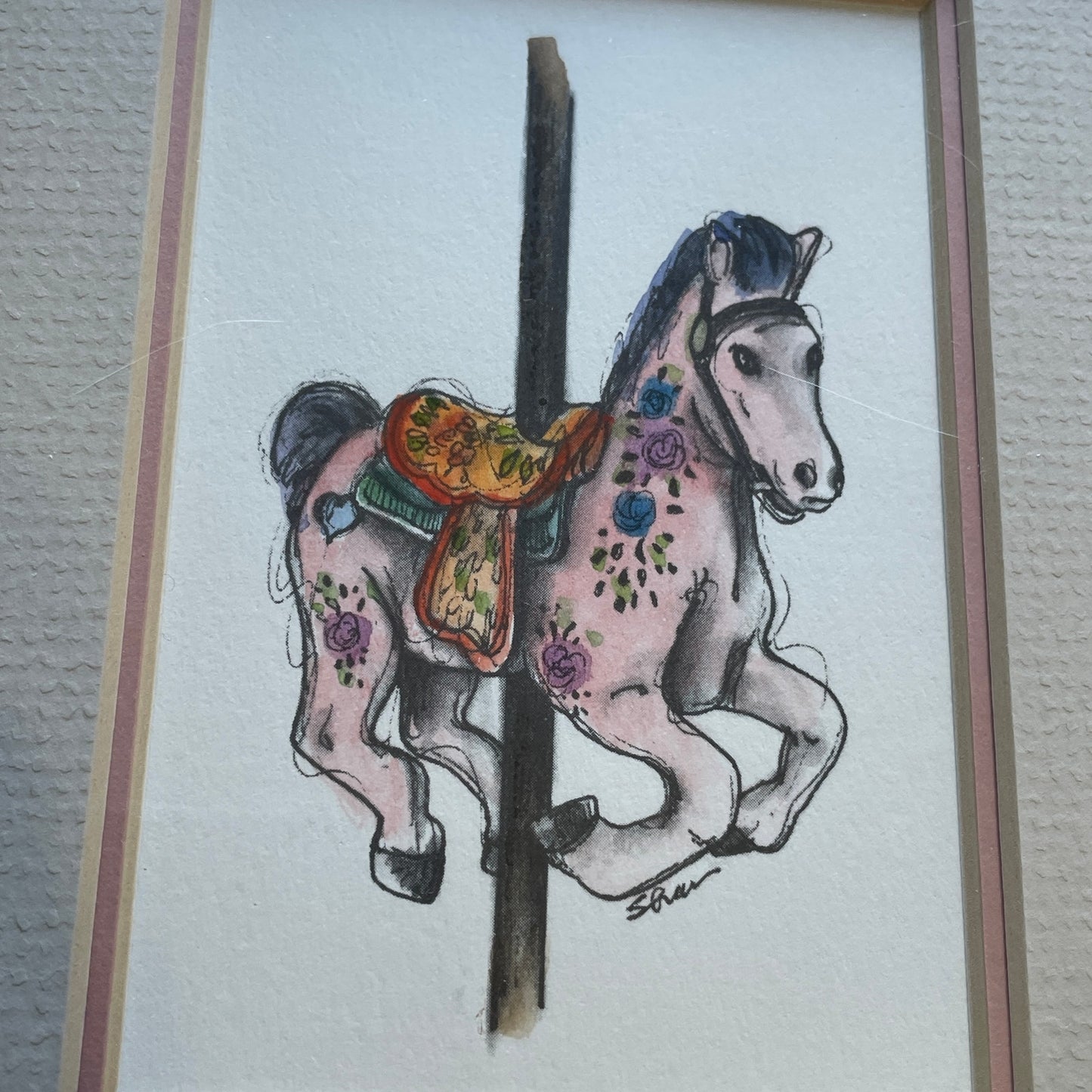 Pink Carousel Horse 5x7 Matted Print Hand Watercolor, Signed Shar Coulson