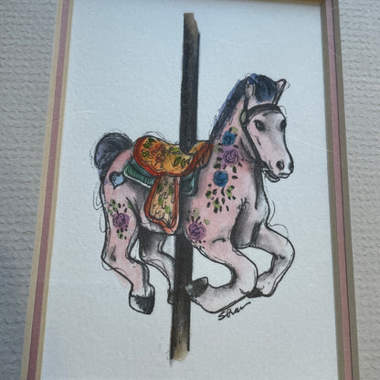 Pink Carousel Horse 5x7 Matted Print Hand Watercolor, Signed Shar Coulson