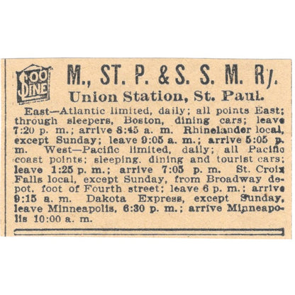 Minneapolis St. Paul Soo Line Union Station St. Paul 1898 Newspaper Ad AF2-S6