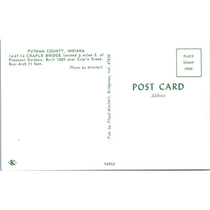 Putnam County Indiana Craple Bridge Vintage Covered Bridge Postcard PD3