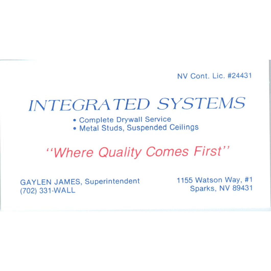 Gaylen James Integrated Systems Drywall Sparks NV Vintage Business Card SD8-B21
