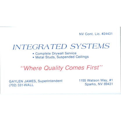Gaylen James Integrated Systems Drywall Sparks NV Vintage Business Card SD8-B21