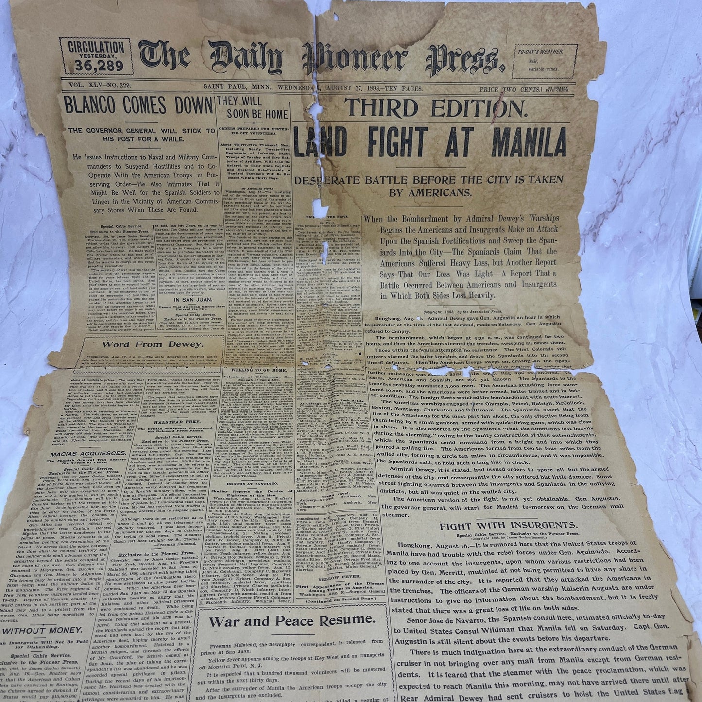 1898 St. Paul Pioneer Press Front Page Spanish American War Fight at Manila D23