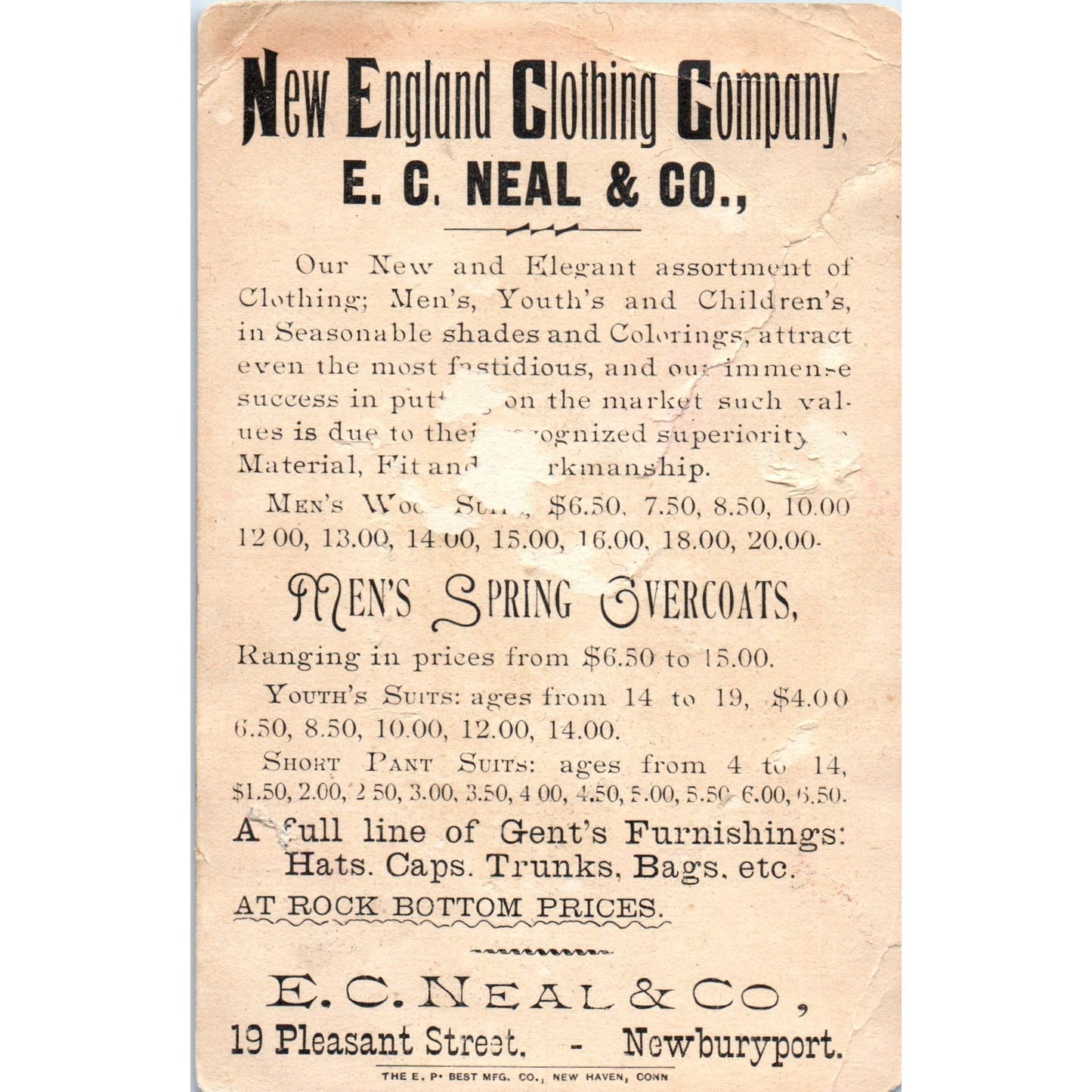 1880s Trade Card New England Clothing Company E.C. Neal & CO Newburyport AE6-SF2