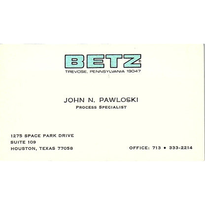 Betz John N Houston Pawloski Texas Vintage Business Card SB4-B9
