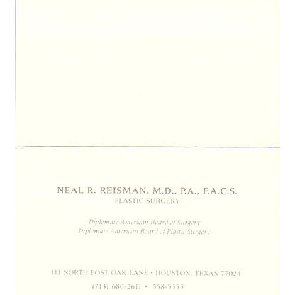 Houstonian Medical Specialist Neal R. Reisman Houston Texas Business Card SB4-B2