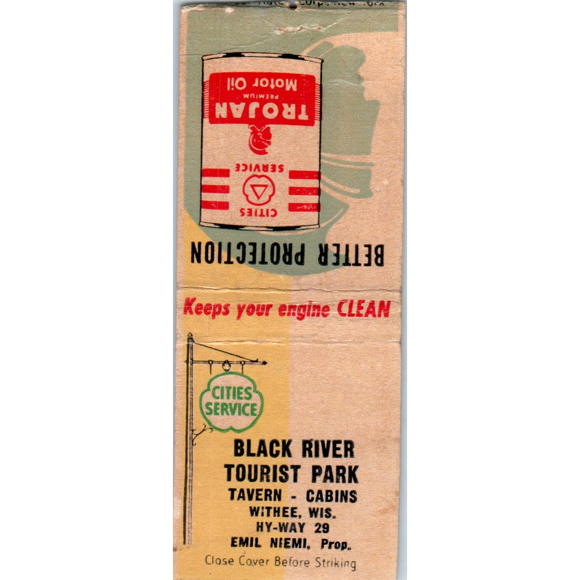 Black River Tourist Park Emil Miemi Withee WI Trojan Motor Oil Matchbook SD4-Y1