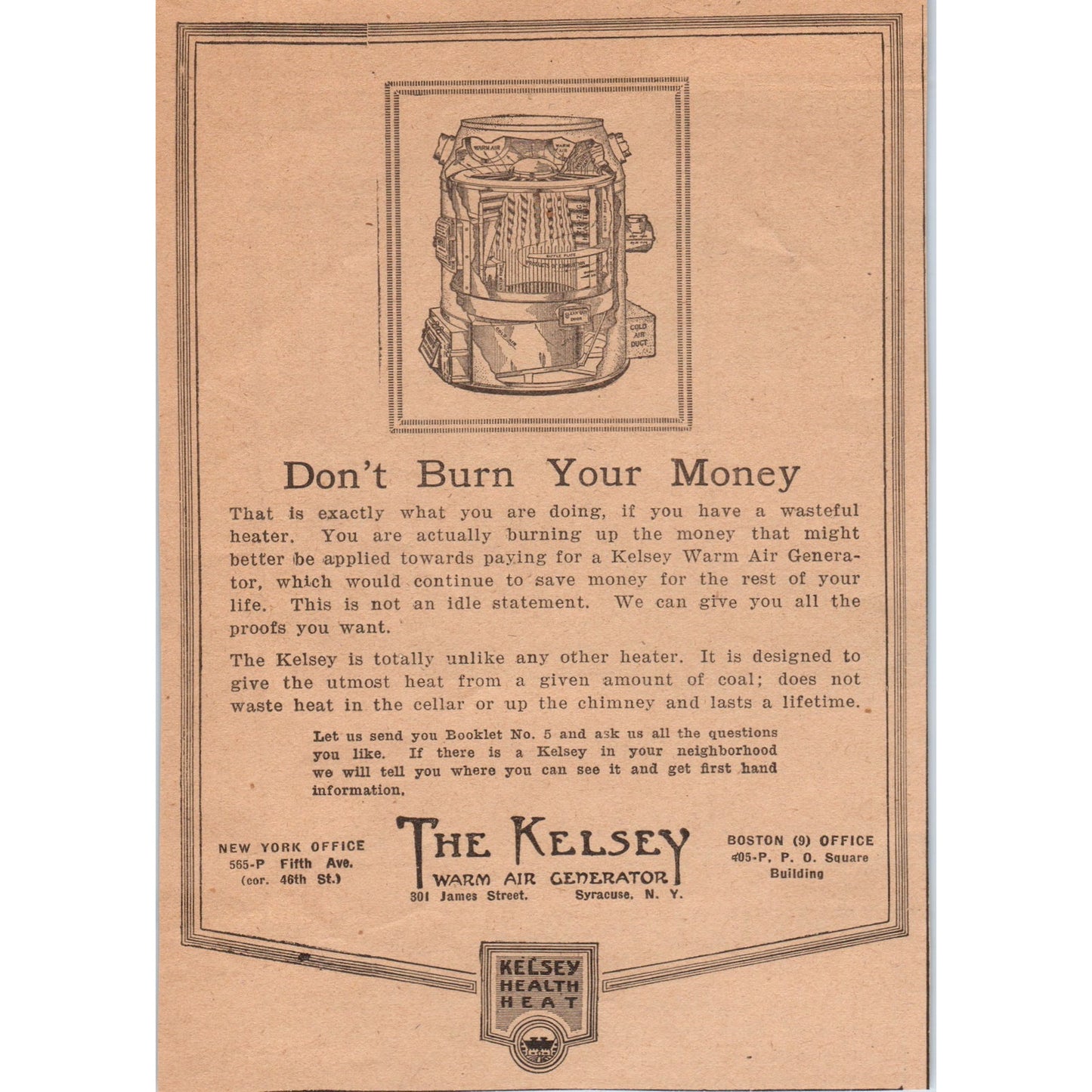 The Kelsey Warm Air Generator Syracuse NY 1922 Magazine Ad AF2-A5