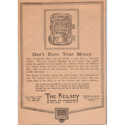 The Kelsey Warm Air Generator Syracuse NY 1922 Magazine Ad AF2-A5
