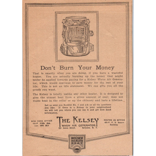 The Kelsey Warm Air Generator Syracuse NY 1922 Magazine Ad AF2-A5