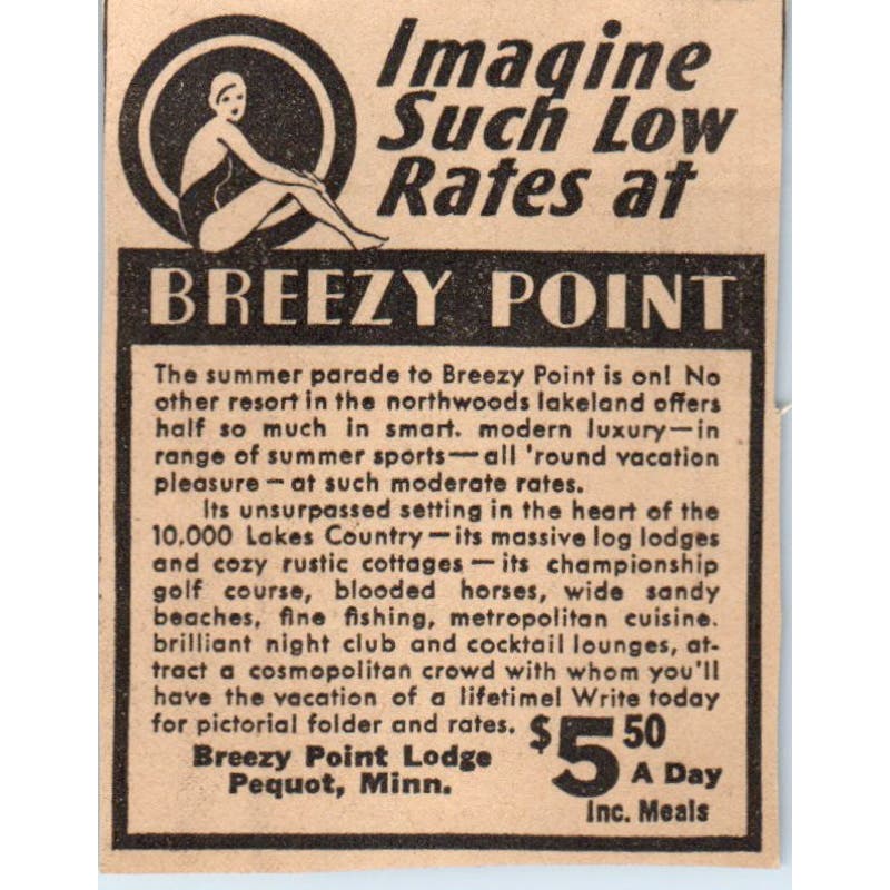 Breezy Point Lodge Pequot Lakes MN 1935 Minneapolis Journal Advertisement AE7-H2