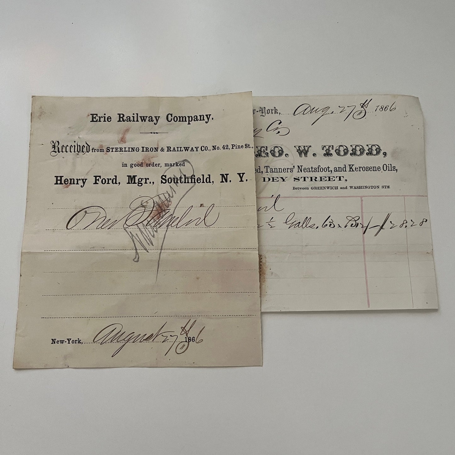 Geo. W. Todd Oil Dealer New York 1866 Billhead & Erie Ry Waybill C15