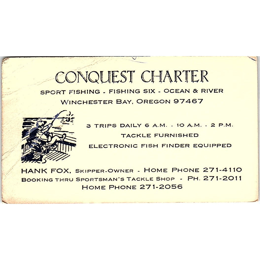 Conquest Charter Hank Fox Winchester Bay Oregon Vintage Business Card SB4-B10
