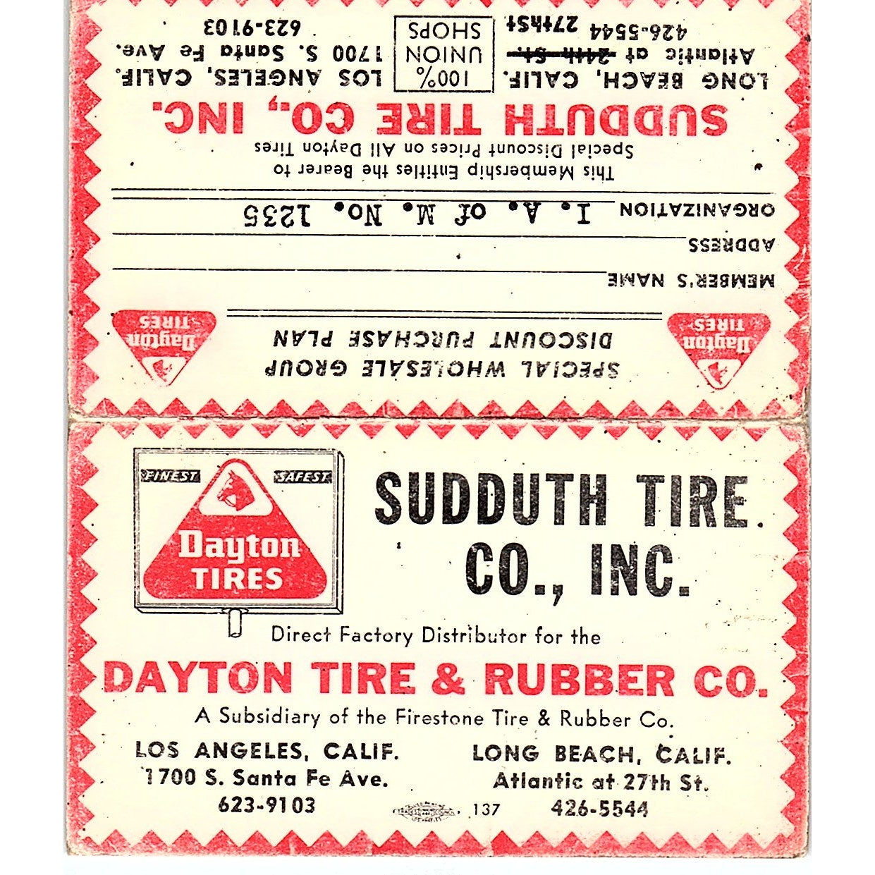 Sudduth Tire Co Inc Long Beach Los Angeles CA Vintage Business Card SE3-B13