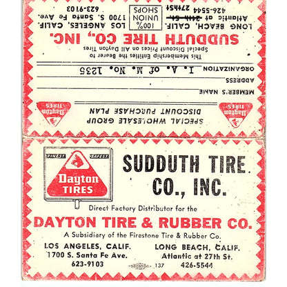 Sudduth Tire Co Inc Long Beach Los Angeles CA Vintage Business Card SE3-B13