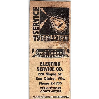 Electric Service Co Vern Stocks Eau Claire WI Vintage Matchbook Cover SF3-Y6