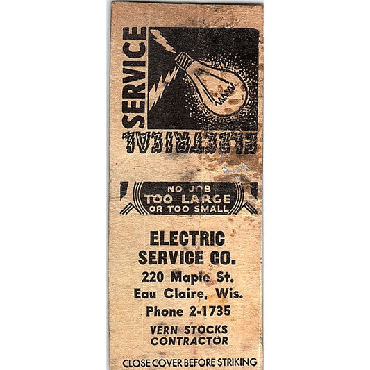 Electric Service Co Vern Stocks Eau Claire WI Vintage Matchbook Cover SF3-Y6