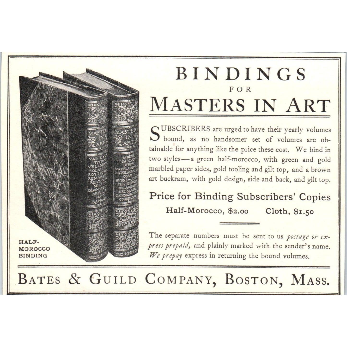 Bindings for Masters in Art Bates & Guild Co Boston c1905 Victorian Ad AE9-MA1