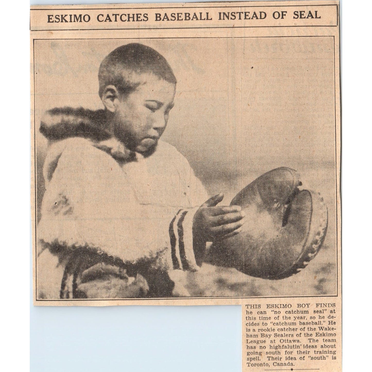 Eskimo Baseball Player Wakeham Bay Sealers Ottawa 1935 Newspaper Article AE7-N3