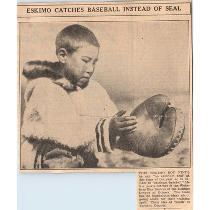 Eskimo Baseball Player Wakeham Bay Sealers Ottawa 1935 Newspaper Article AE7-N3