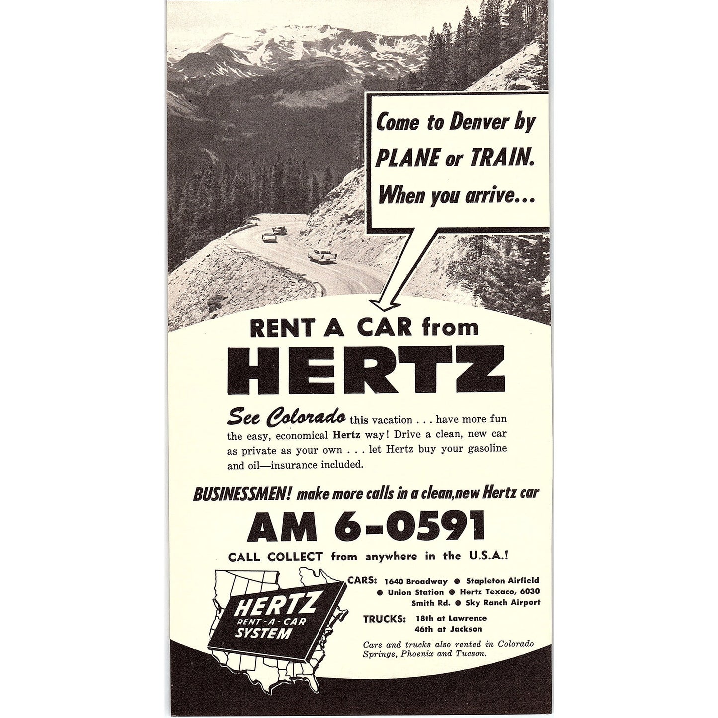 Rent-A-Car from Hertz Denver CO 1958 Ad AG1-8