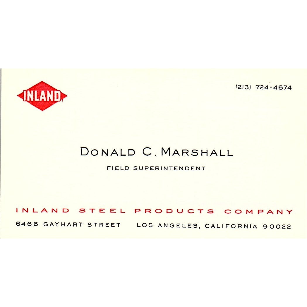 Donald C Marshal Inland Steel Products Los Angeles Vintage Business Card SC9-B12