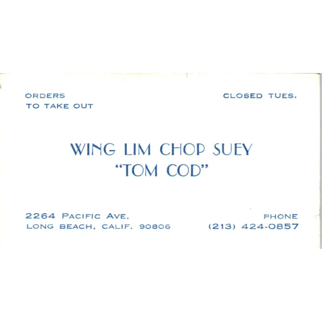 Wing Lim Chop Suey Tom Cod Long Beach CA Vintage Business Card SE3-B6