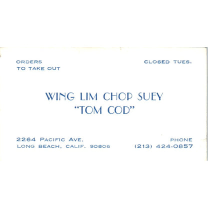 Wing Lim Chop Suey Tom Cod Long Beach CA Vintage Business Card SE3-B6