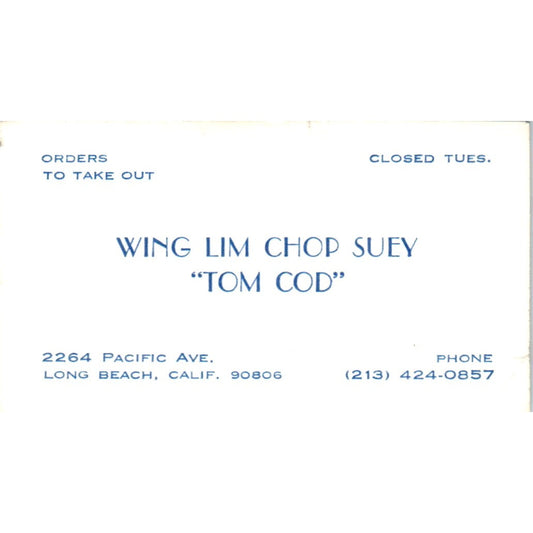 Wing Lim Chop Suey Tom Cod Long Beach CA Vintage Business Card SE3-B6