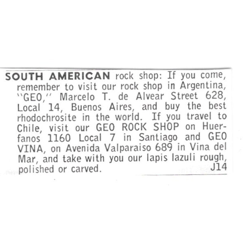 Geo Vina South American Rock Shop Valparasio Vina Del Mar Argentina 1972 AF8-S13