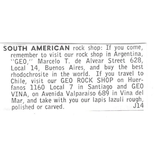 Geo Vina South American Rock Shop Valparasio Vina Del Mar Argentina 1972 AF8-S13