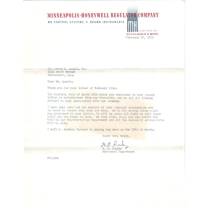 1952 Minneapolis Honeywell Regulator Company Brown Instruments Letterhead D9