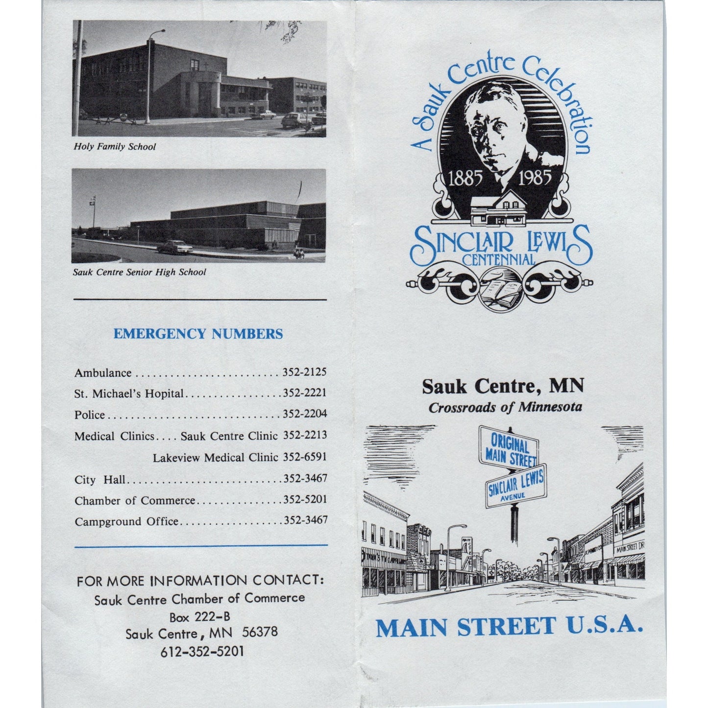 1985 Sinclair Lewis Centennial Sauk Centre MN Fold Out Travel Brochure TF4-B1