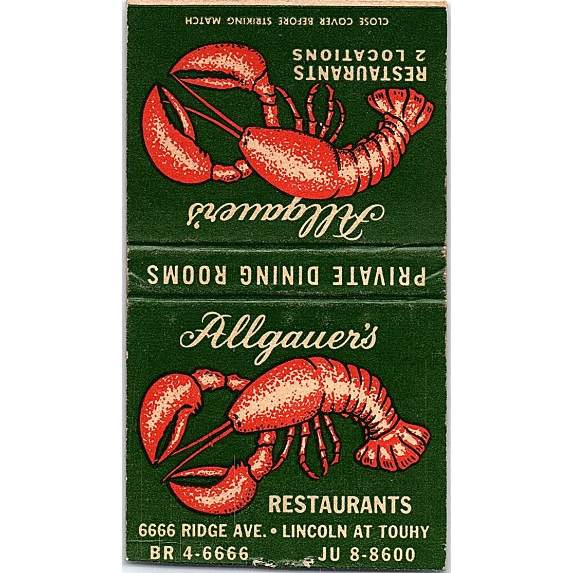 Allgauer's Restaurants Seafood Lobster Ridge Ave Vintage Matchbook Cover SC7-Y3