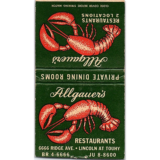 Allgauer's Restaurants Seafood Lobster Ridge Ave Vintage Matchbook Cover SC7-Y3