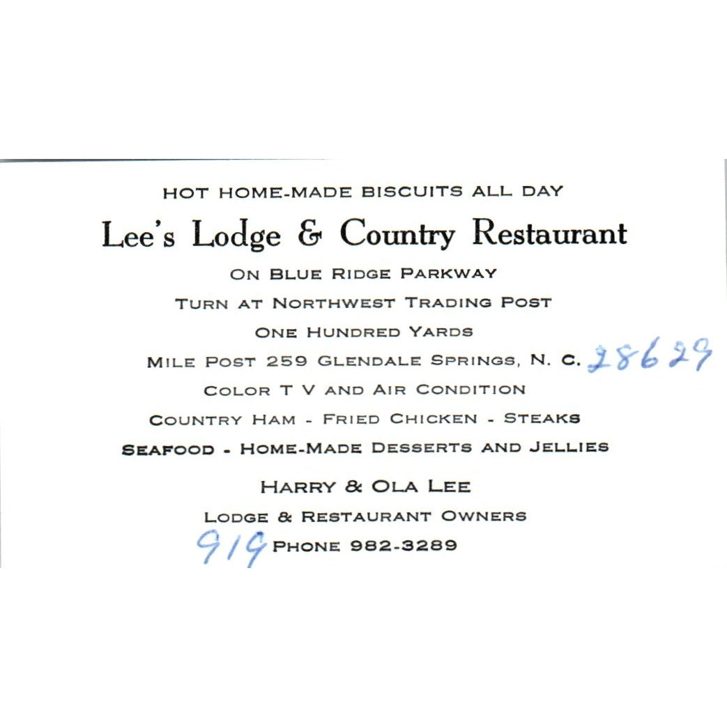 Harry & Ola Lee Lodge & Restaurant Glendale Springs NC Vtg Business Card SD8-B22