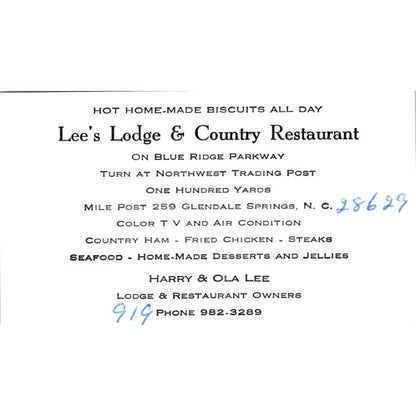 Harry & Ola Lee Lodge & Restaurant Glendale Springs NC Vtg Business Card SD8-B22