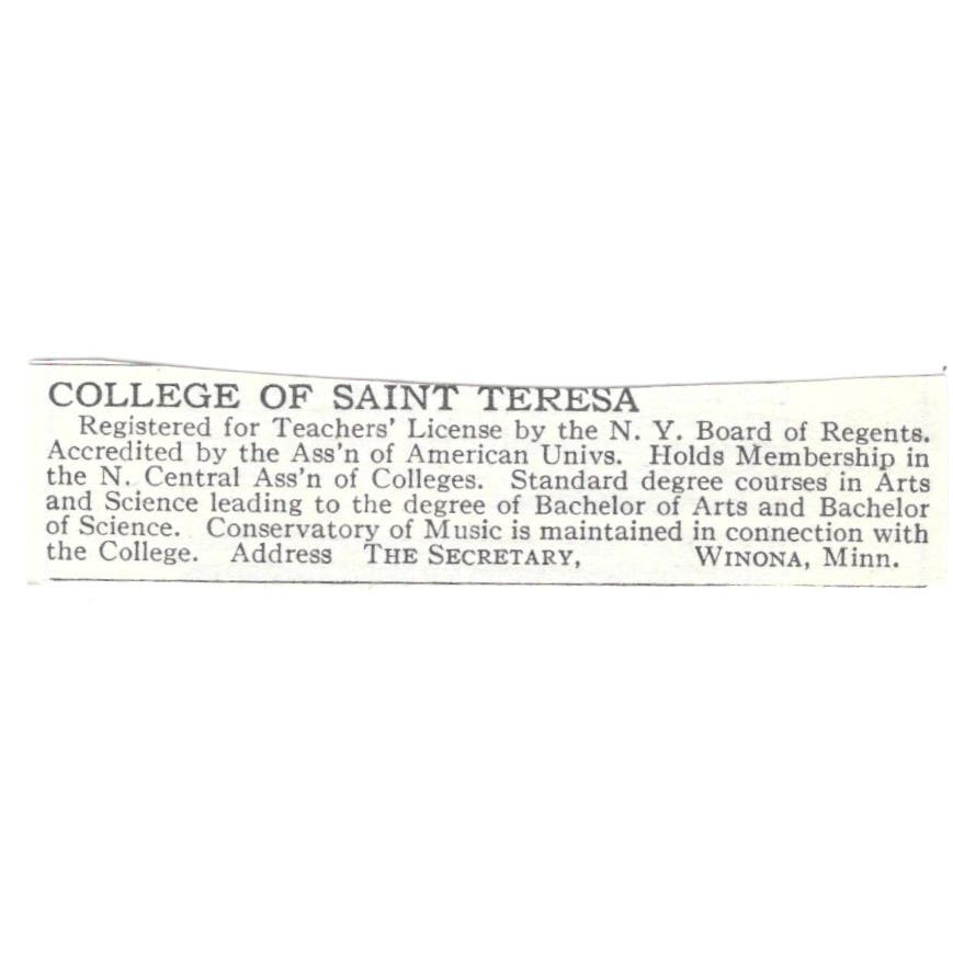 College of Saint Teresa Winona MN c1918 Original Magazine Advertisement AE5-SA6