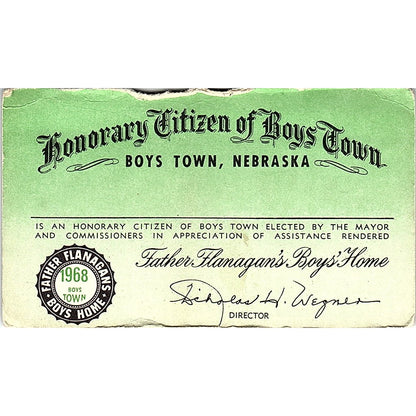 1968 Honorary Citizen of Boys Town Nebraska Card Father Flanagan AF6-15