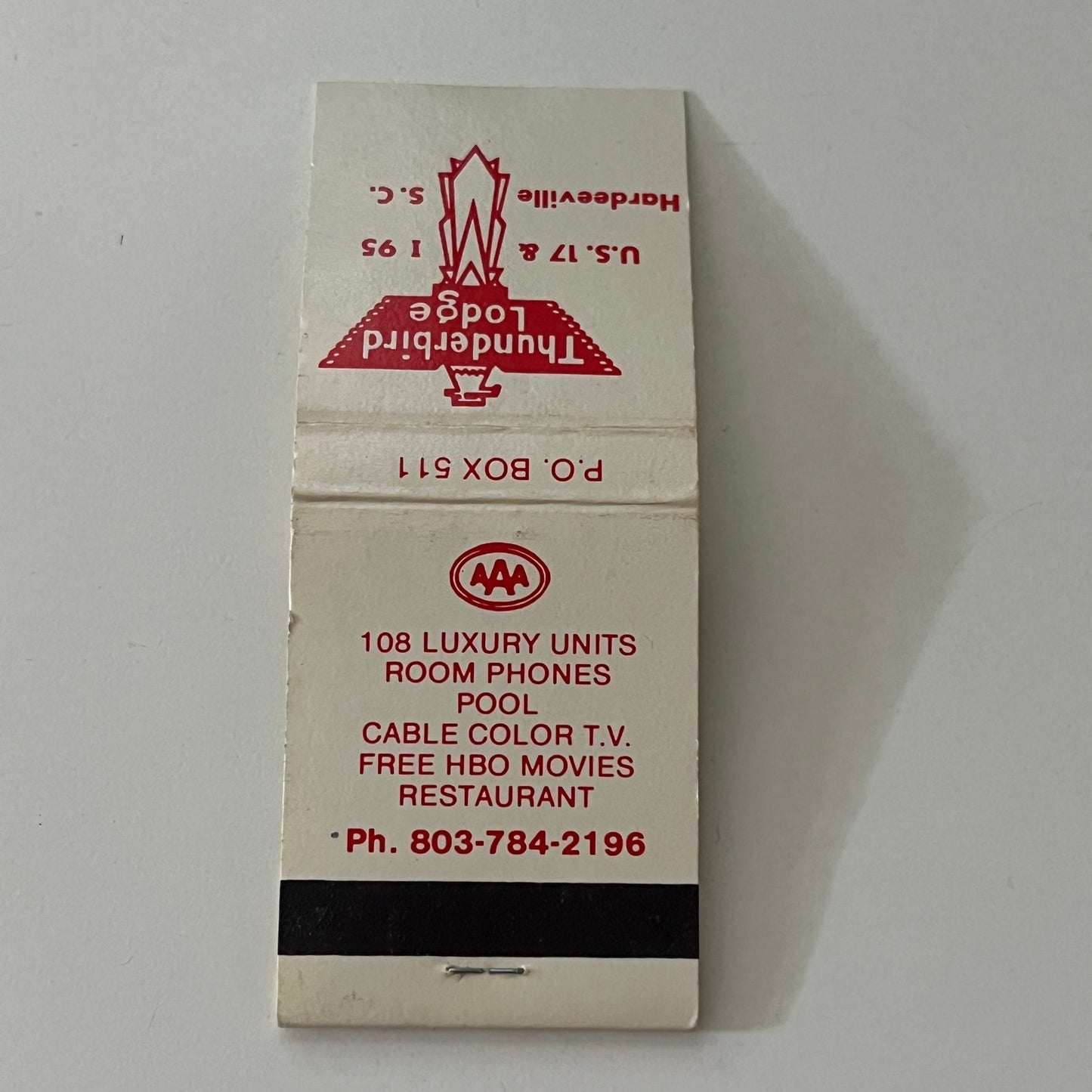 Thunderbird Lodge Hardeeville South Carolina Vintage Matchbook SC4-R7