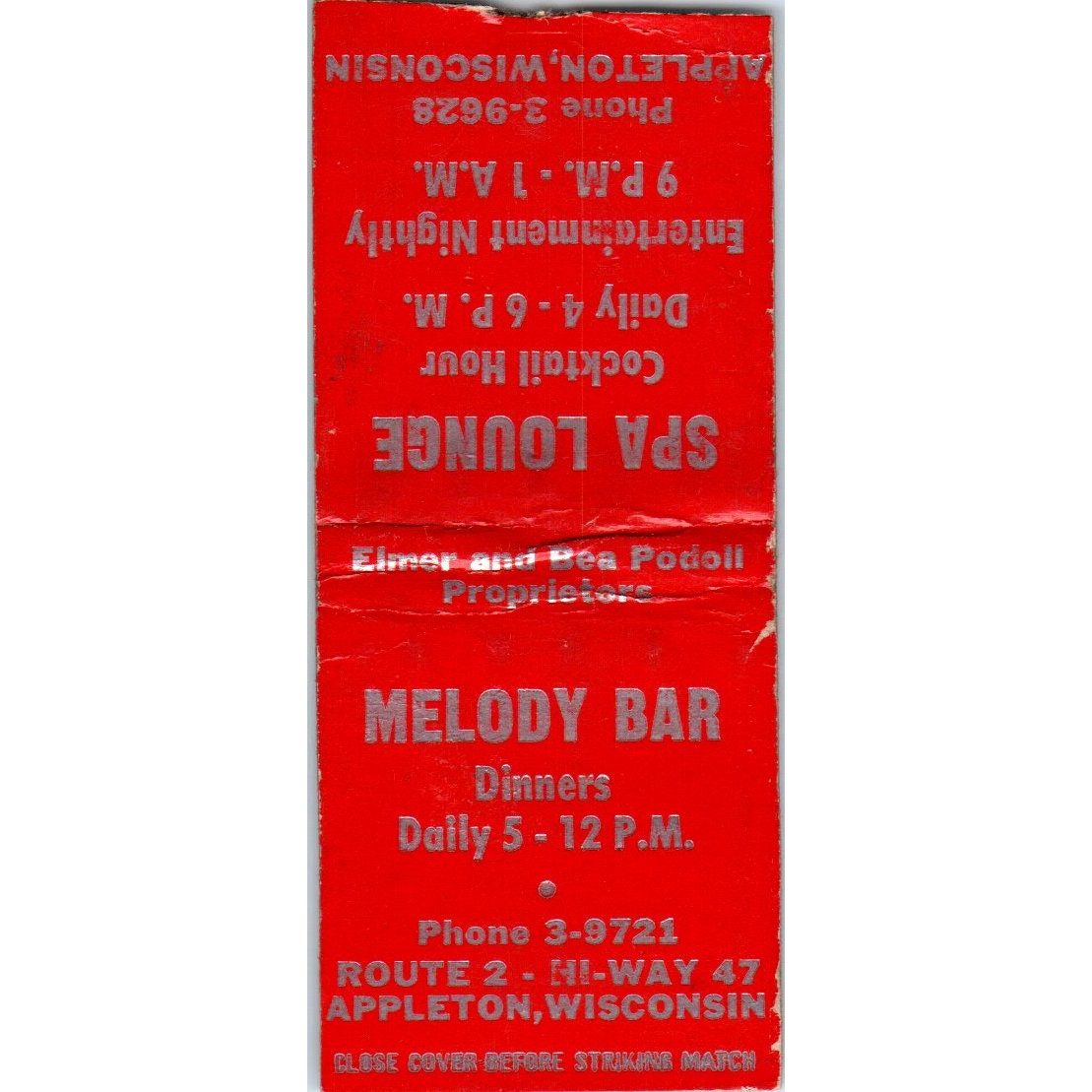 Spa Lounge Melody Bar Appleton WI Vintage Matchbook Cover SD2-Y11