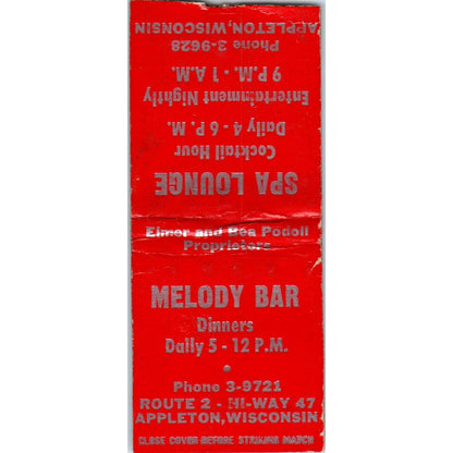Spa Lounge Melody Bar Appleton WI Vintage Matchbook Cover SD2-Y11