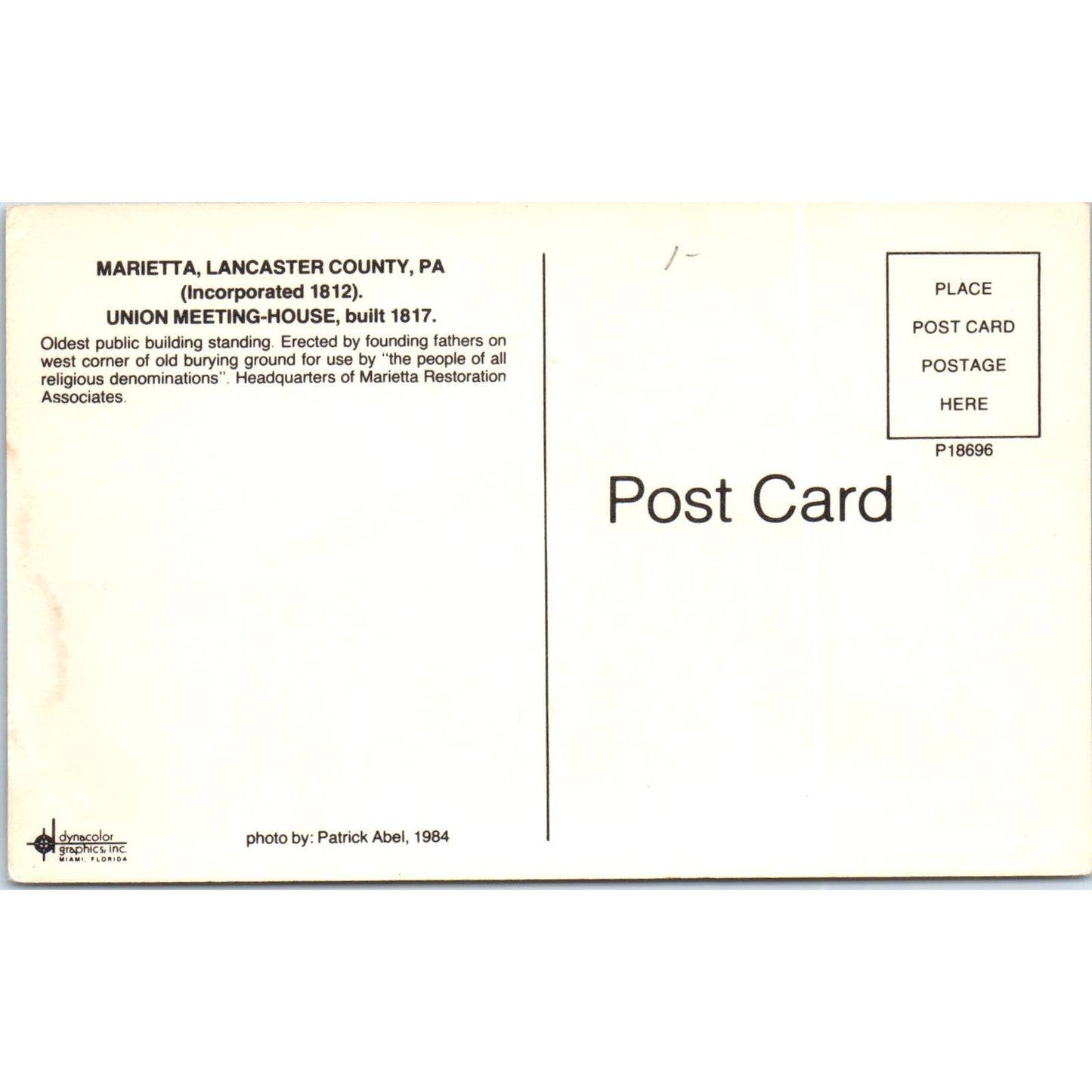 Union Meeting House Marietta Pennsylvania Dutch Country Vintage Postcard PD5