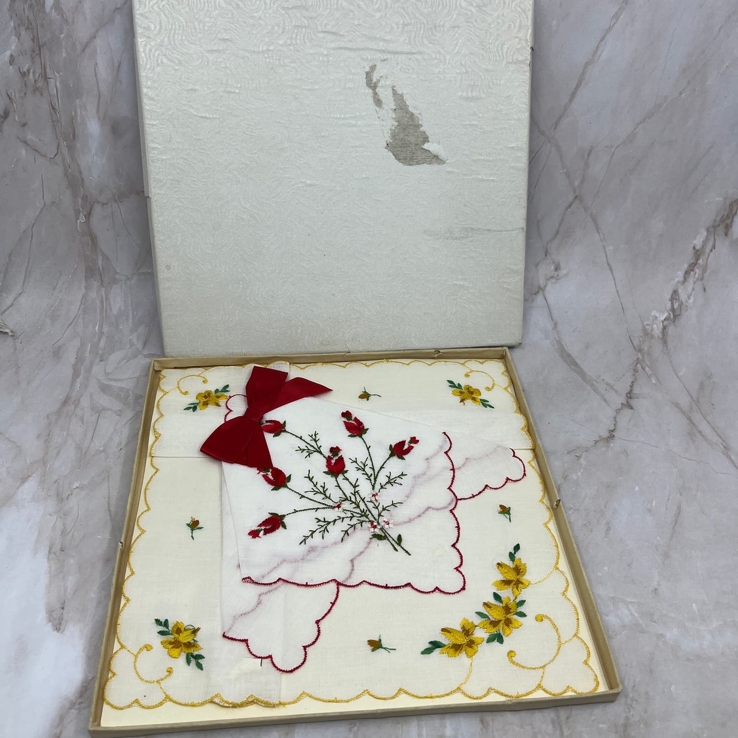 Vintage Swiss Cotton Embroidered Handkerchief Handmade Ornate Floral Bow TF5