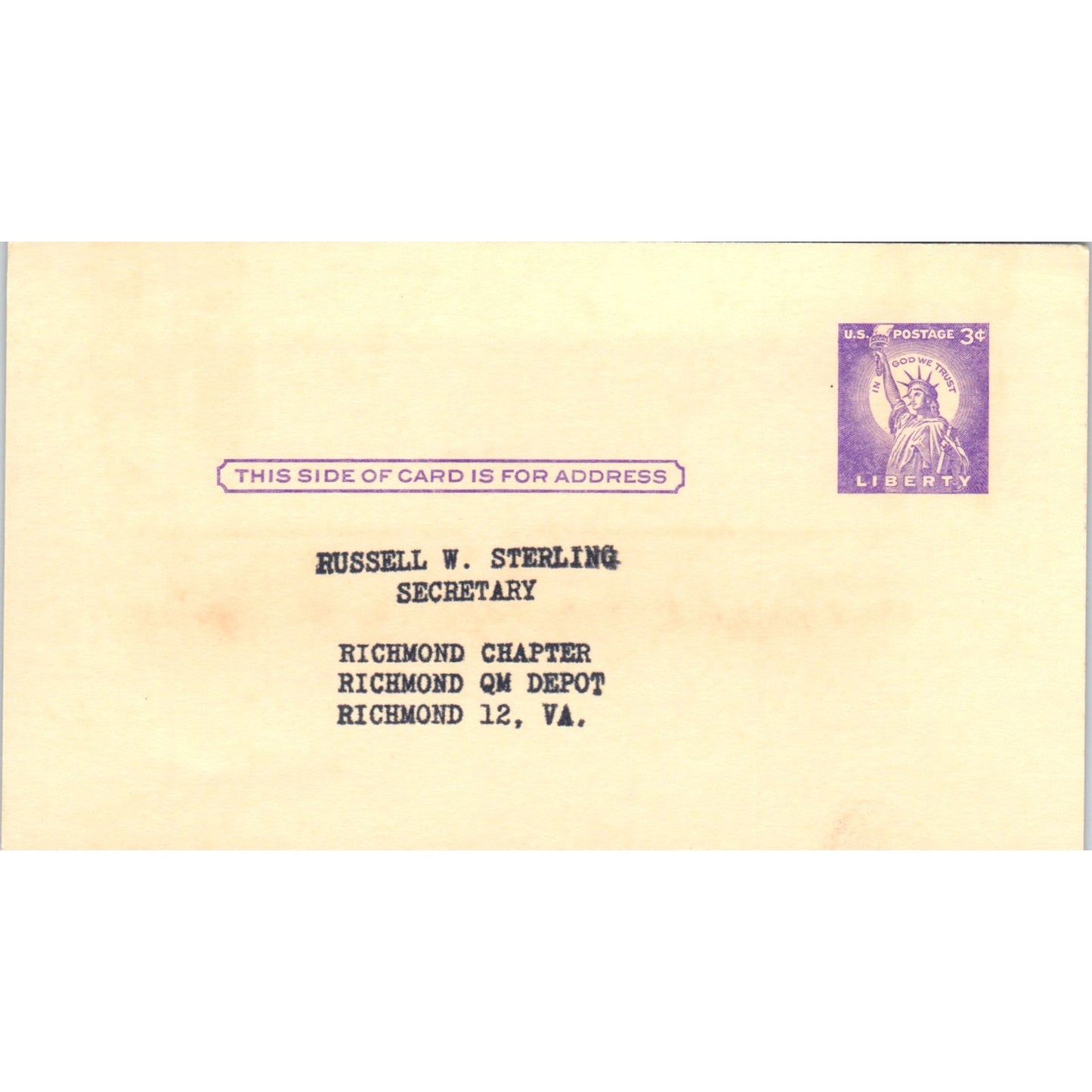 Richmond Chapter Association US Army Russell W. Sterling Postal Mailing Card PE7