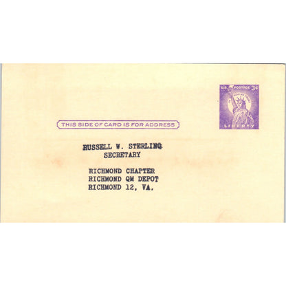 Richmond Chapter Association US Army Russell W. Sterling Postal Mailing Card PE7